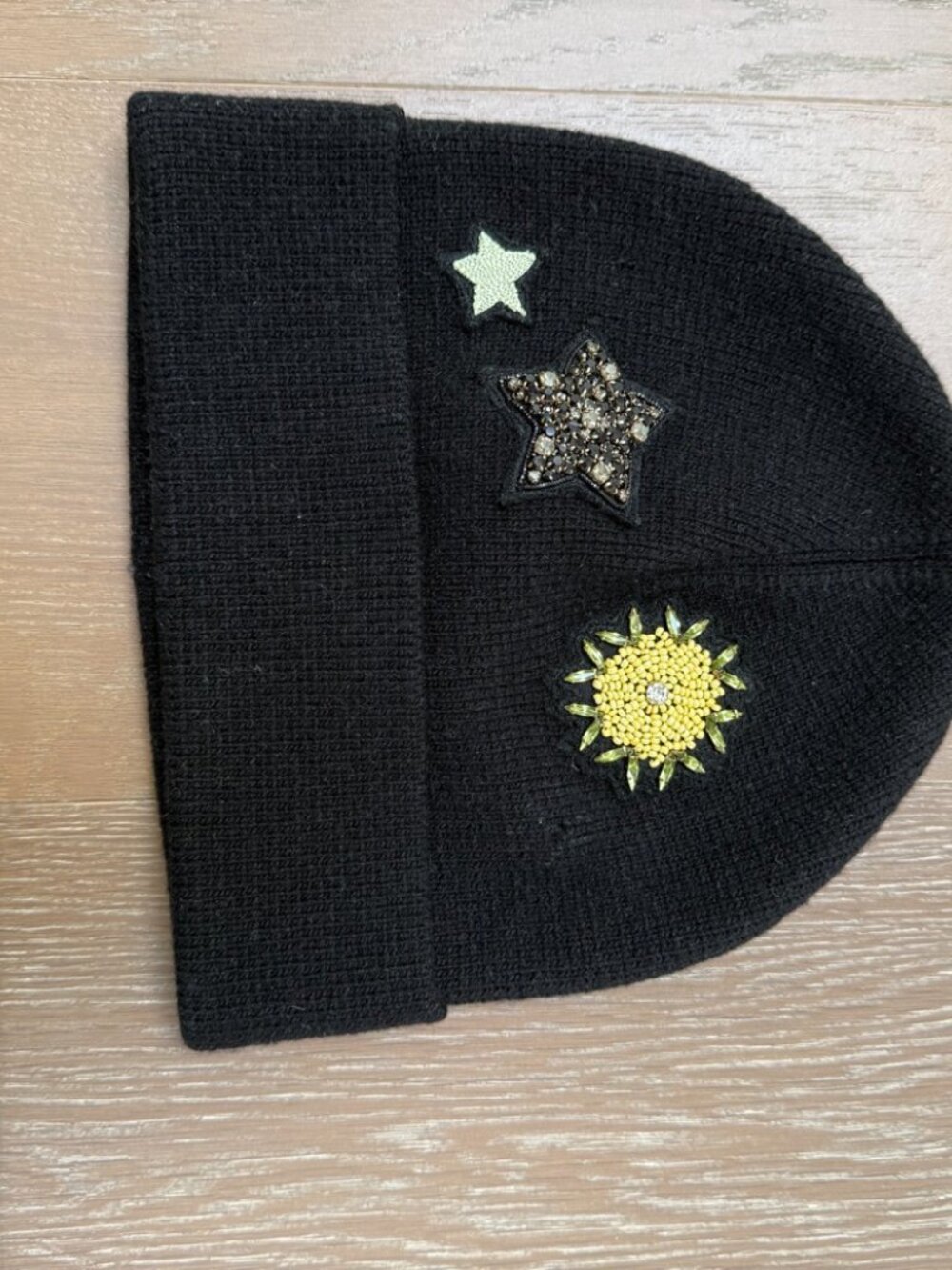 Cinq a Sept Black Embellished Beanie - Star Sun Celestial Knit Hat - OS